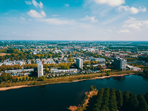 Aerial drone shot of the 's-Hertogenbosch city in the Noord Brabant, the Netherlands. 