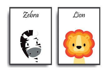 Poster with animals. Cartoon characters. Cartoon animal. Zebra and Lion