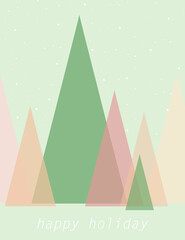 Merry Christmas and Happy New Year. Festive winter minimalist card with lettering, conifers and snow.