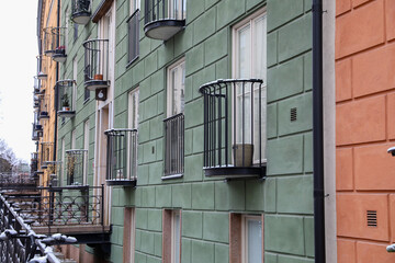 Colorful building french balcony winter