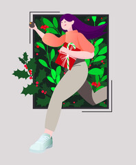 Vector winter illustration of a running girl carrying the Christmas spirit.
Open door with Christmas plants and decor, Christmas decorations, gifts. Happy winter holidays.