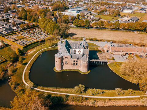 Aerial drone shot of the Ammerzoden castle in the Noord Brabant, the Netherlands.