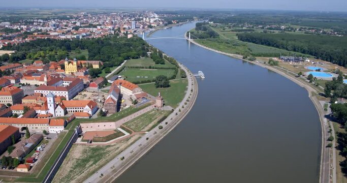 Aerial photo of the Drava River in Osijek, Croatia