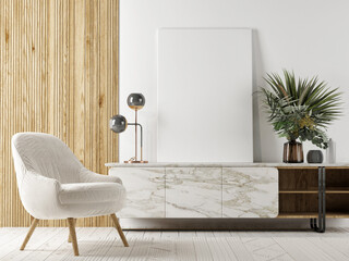 The Scandinavian interior design of the living room with mock-up poster-frame, furniture and home decoration, 3d render, 3d illustration