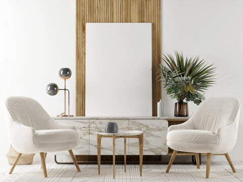 The Scandinavian interior design of the living room with mock-up poster-frame, furniture and home decoration, 3d render, 3d illustration
