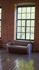 Brownish brick wall with leather sofa. Background photo with copy space for text. Claret leather...