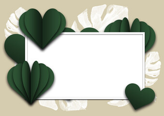 White board with bottle green hearts looks like paper and white exotic giant leafs.