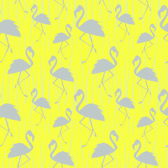 Seamless pattern. Grey stylized flamingos and on yellow backround. Vector graphic illustration.