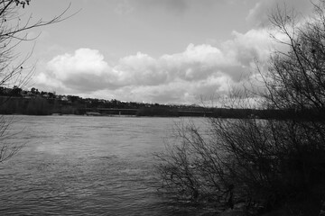 Le fleuve Rhône vu depuis le parc de la Feyssine, ville de Villeurbanne, département du Rhône, France