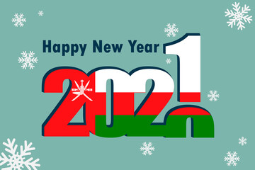 New year's card 2021. Depicted: an element of the flag of Oman, a festive inscription and snowflakes. It can be used as a promotional poster, postcard, flyer, invitation or website.