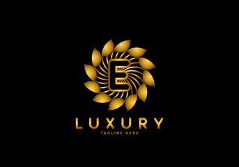 Letter E Golden Flower, Luxury logo template, circle ornament.