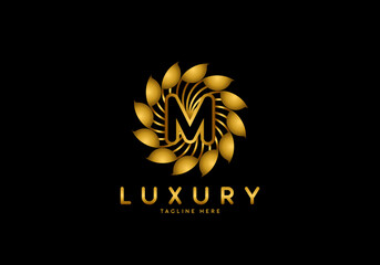 Letter M Golden Flower, Luxury logo template, circle ornament.