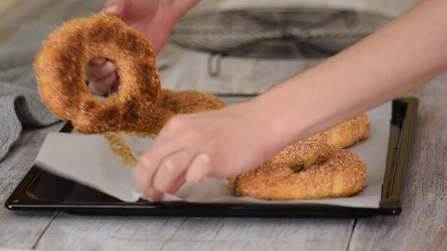 Freshly baked turkish bagels, simit.
