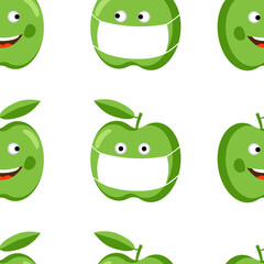 Vector seamless pattern with cheerful apples and apples in protective masks.
For printing on paper, fabric, leather, gift wrapping.