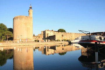 The Constance Tower and the medieval city of Aigues mortes, a resort on the coast of Occitanie region, Camargue, France
