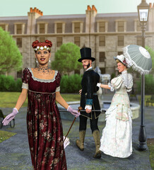 Obraz premium Victorian disloyal man with girlfriend looking at other woman