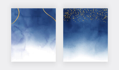Navy blue watercolor texture with golden confetti and lines 