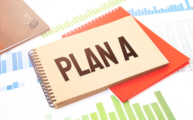 Notepad with text PLAN a. Diagram, red notepad and white background