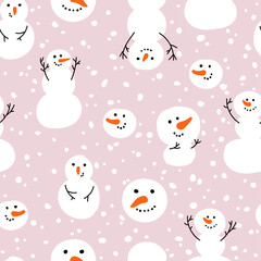 Vector seamless pattern with snowman, snow. Winter simple, stylish Scandinavian repeat texture for wrapping, web page background, Christmas, New Year greeting card, fabrics, home decor, scrapbooking