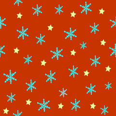 Seamless pattern with snow and hand drawn snowflakes and stars on red background,christmas and new year illustration for wrapping paper,packaging design and printing on fabric , textile, world snow