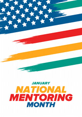 National Mentoring Month in January. Celebrate annual in United States. Personal mentor, coach or teacher. Free knowledge. Education concept. Helping a student in study, training. Vector poster
