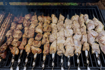 Roasted meat cooked at barbecue grilled kebab cooking on metal skewer fresh on charcoal