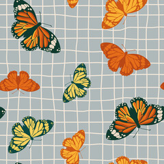 Vector seamless pattern with bright retro butterflies. Hand-drawn texture design