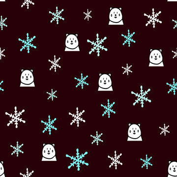 Winter seamless pattern with cute white bears and snowflake,hand drawn illustration in doodle,kids style,print for wallpaper,wrapping paper,packaging,cover design,textile,new year and christmas image