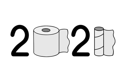 2021 numbers with used toilet paper roll. Coronavirus covid-19 pandemic. Funny New Year typography poster. Vector template for banner, sign, greeting card, invitation, etc