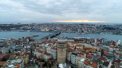 istanbul, galata tower, morning to day. Aerial view of Galata Tower vith Golden Horn