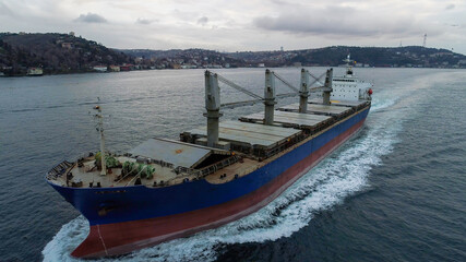 Aerial footage of ultra large container ship at sea