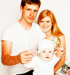 young cute happy modern family, mother father son isolated on white background, lifestyle people concept, ginger mom