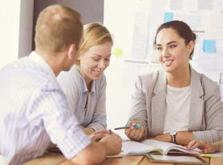 Fototapeta premium Young people studying with books on desk. Beautiful women and men working together.