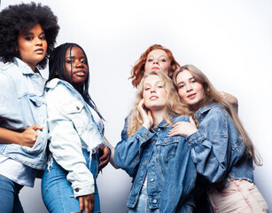 diverse multi nation girls group, teenage friends company cheerful having fun, happy smiling, cute posing isolated on white background, lifestyle people concept, african-american, asian and caucasian