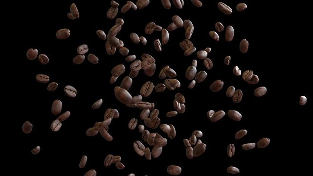 3D animation of a coffee beans flow with alpha layer