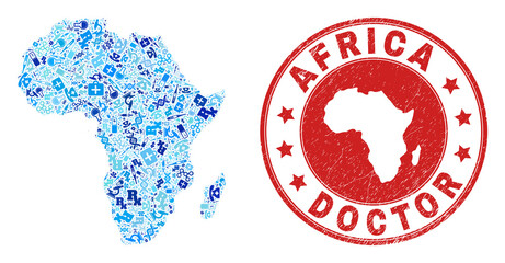 Vector mosaic Africa map with medical icons, first aid symbols, and grunge doctor rubber imitation. Red round seal with grunge rubber texture and Africa map caption and map. © Evgeny