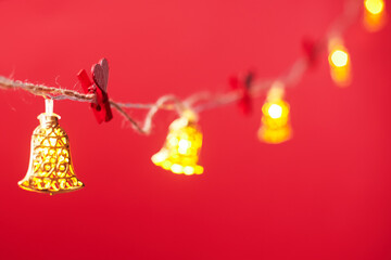 valentine's day concept, garland on red background, copy space