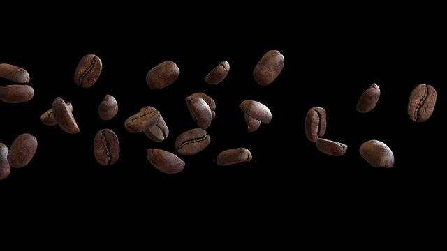 3D animation of a coffee beans flow with alpha layer