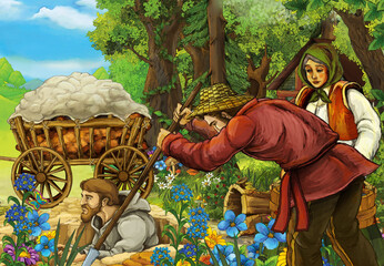 cartoon scene with farmers in the forest near home - illustration