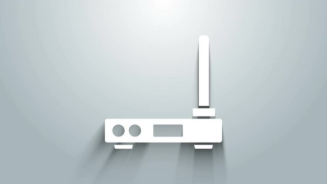 White Router and wi-fi signal symbol icon isolated on grey background. Wireless ethernet modem router. Computer technology internet. 4K Video motion graphic animation