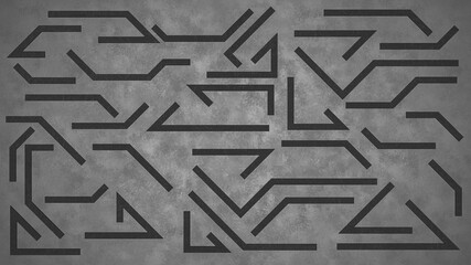 Black geometric shapes 3d background on dark gray wall
