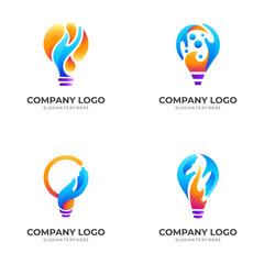 set bulb care logo, bulb and hand, combination logo with 3d colorful style