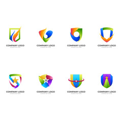 set shield logo, shield, fire and star, combination logo with 3d colorful style