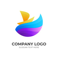 wave ship logo, wave and ship, combination logo with 3d colorful style