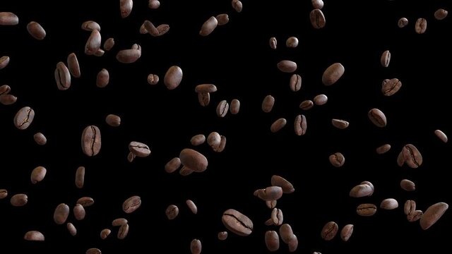 3D animation of a coffee beans flow with alpha layer