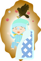 Obraz premium 縁起のいい初夢(タカ)を見る男の子のイラスト