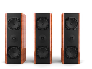 Fototapeta premium Three modern big music speakers with wood side panels