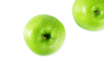Fresh green apples with water drops, on white background.