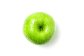 One fresh green apple with water drops on white background, top view.