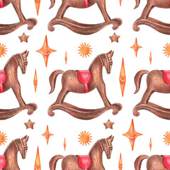 Christmas pattern with the wooden horse . New year's theme. Pencil isolated illustration on a white background. Seamless pattern, illustration for postcards, posters, textile design.